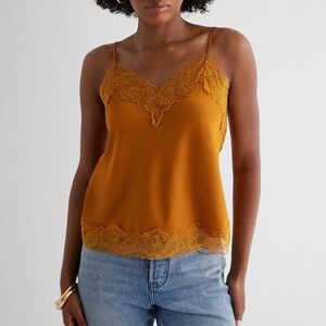 Express Satin Lace Trim V-Neck Downtown Cami - Mustard Yellow M